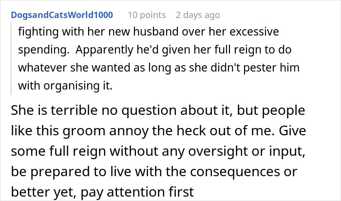 Reddit comment about bridezilla and her excessive spending, reflecting on wedding refund aftermath.