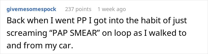 Text post about shouting "PAP SMEAR" while visiting Planned Parenthood for screenings.