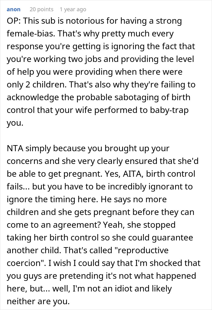 Reddit post discussing a situation where a father of four refuses to help his wife with newborn twins due to vasectomy dispute.