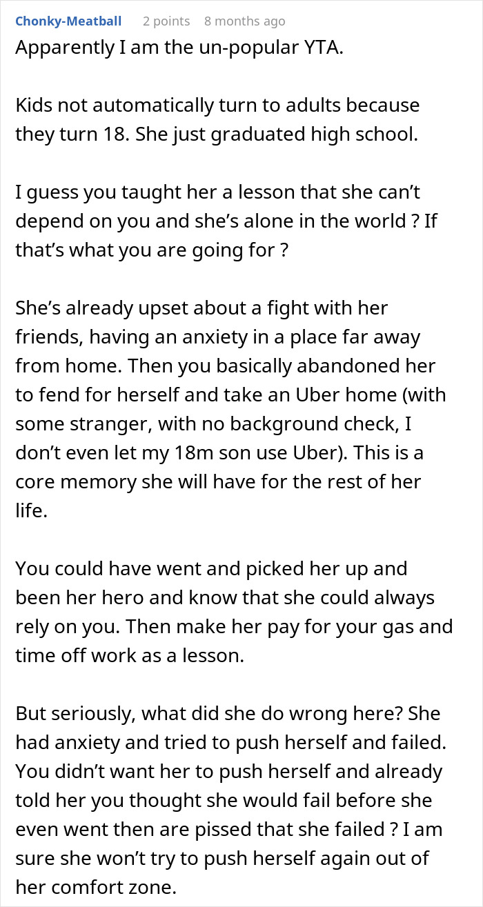 Reddit comment criticizing a parent for not picking up an anxious daughter, forcing her to pay $250 for an Uber home. Reddit comment criticizing a parent for not picking up an anxious daughter, forcing her to pay $250 for an Uber home.