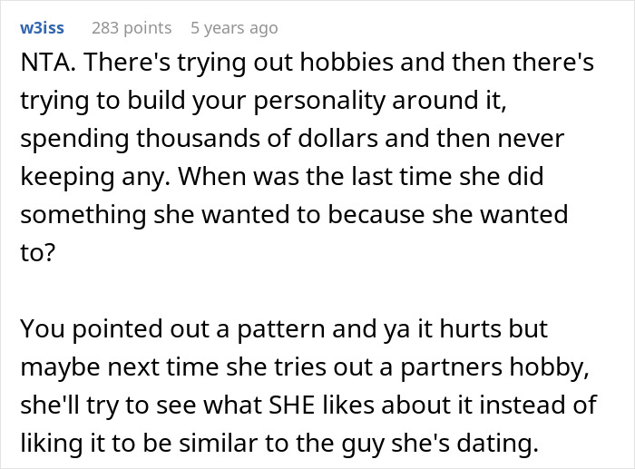 Text comment discussing a woman who copies her boyfriend's hobbies, with advice to find her own interests.