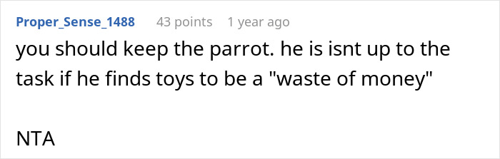 Reddit comment discussing keeping a parrot and criticizing a pet parent's attitude towards toys.