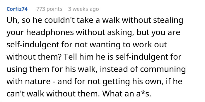 Comment discussing a husband's reaction to wife's headphone use at the gym, calling her self-indulgent.