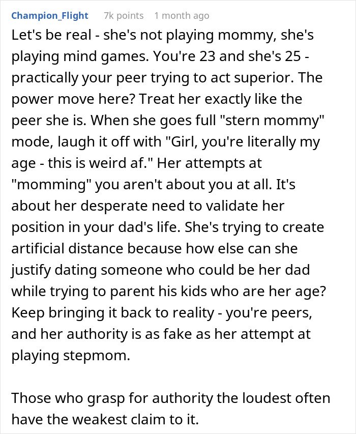 Screenshot of a comment discussing a young woman triggered by her dad&rsquo;s girlfriend playing "mommy" games.