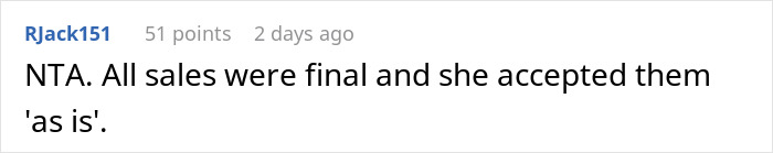 Reddit comment discussing sales finality in response to a "Bridezilla" seeking refunds post-wedding.