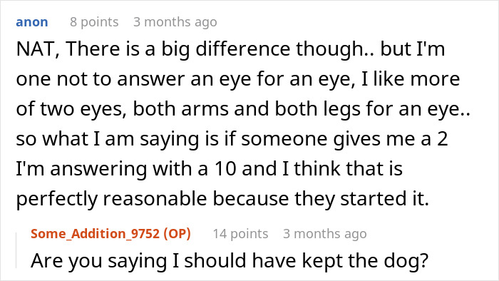 Comment exchange discussing revenge tactics, with one user justifying extreme responses.