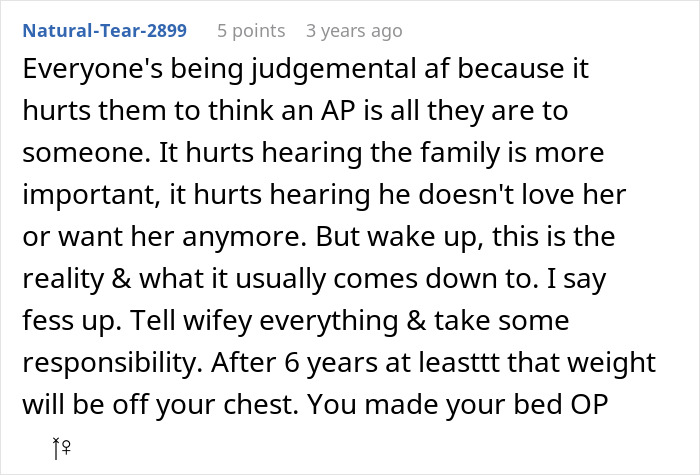 Reddit comment discussing a six-year cheating relationship, advising honesty and taking responsibility in marriage. Reddit comment discussing a six-year cheating relationship, advising honesty and taking responsibility in marriage.