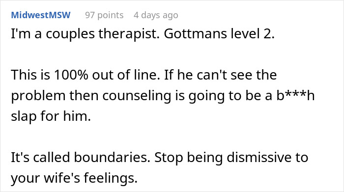 Comment from a therapist discussing boundaries in relationships concerning the work wife scenario.