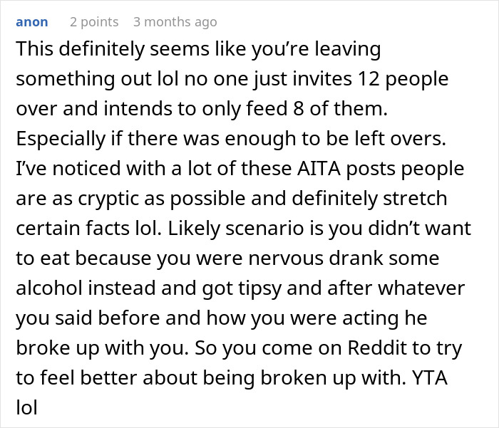 Comment discussing a situation about friends eating leftovers and questioning the host's actions at a gathering.