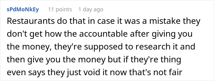 Comment discussing a server not receiving a $2,500 tip due to restaurant policy on mistaken tips. Comment discussing a server not receiving a $2,500 tip due to restaurant policy on mistaken tips.