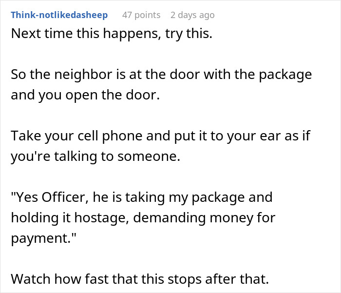Text post suggesting a strategy against a neighbor who demands loans while handing over packages.