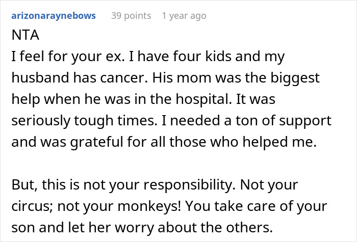 Reddit comment discussing babysitting ex's kids, emphasizing personal responsibility.