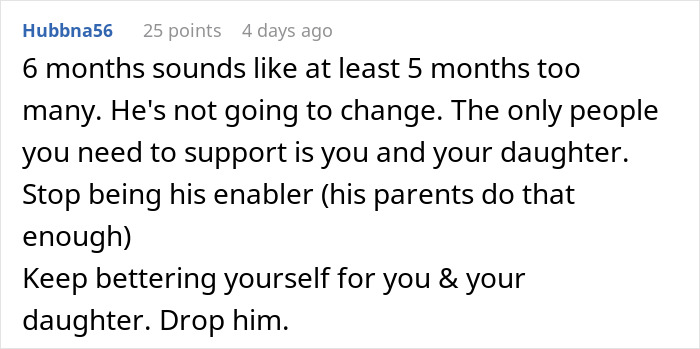 Comment advising someone to leave a job-hopper husband within 6 months for personal growth.