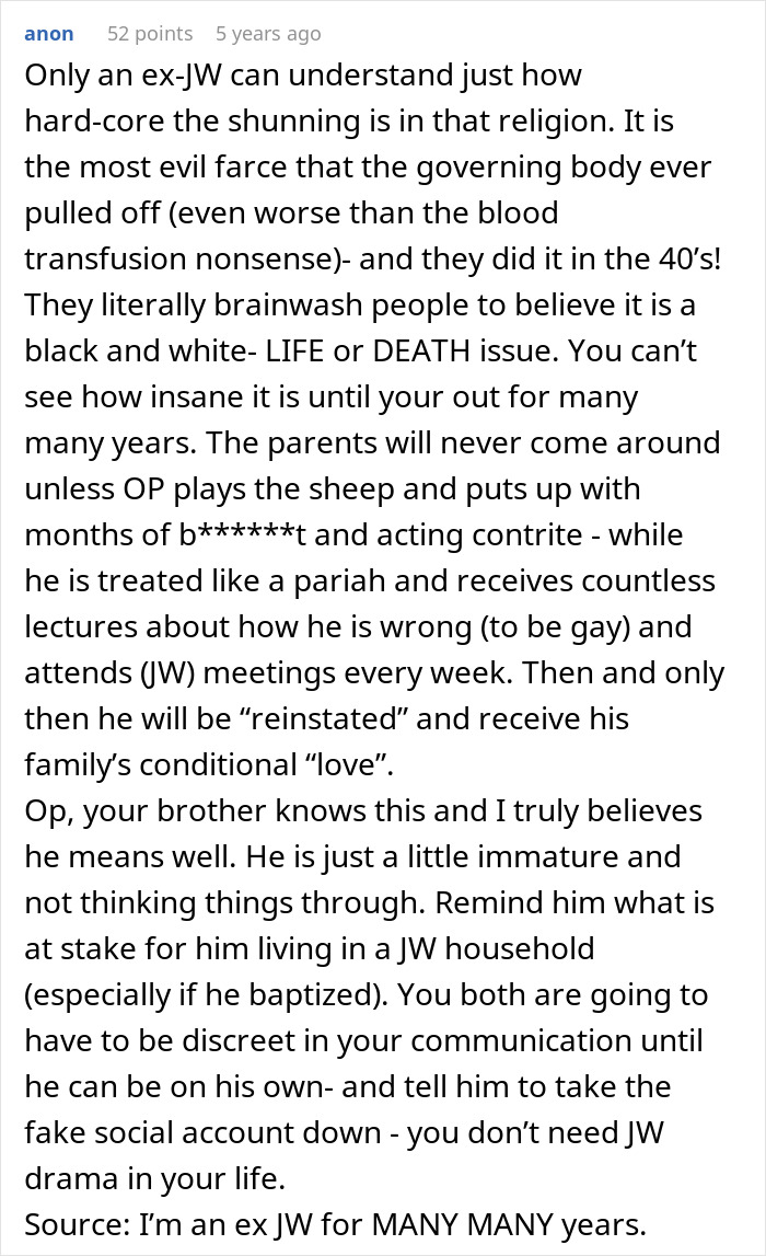 Text about religious shunning and fake social accounts, discussing family and beliefs.