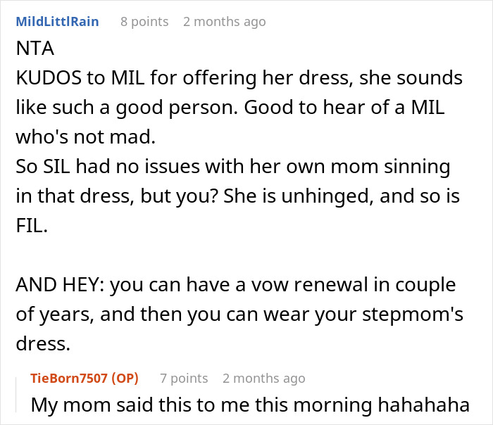 Reddit comment discussing pregnant bride and MIL's wedding dress dispute with SIL. Reddit comment discussing pregnant bride and MIL's wedding dress dispute with SIL.
