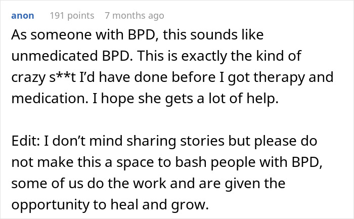 Comment discussing BPD, relating to shocked husband and stalking incident.