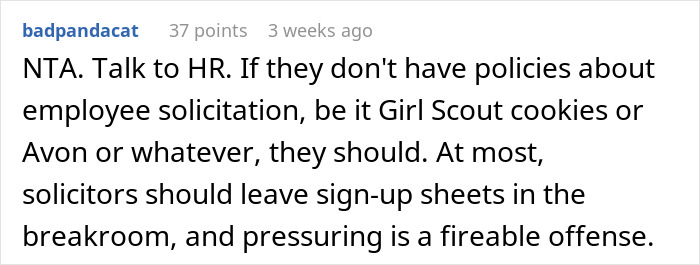 Text response about Girl Scout cookies solicitation and HR policies. Text response about Girl Scout cookies solicitation and HR policies.