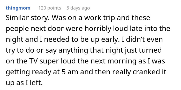 Hotel room neighbors party loudly at night, prompting an early wake-up call via a blasting TV at 5 am.