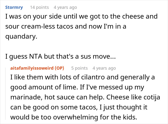 Comments discussing taco ingredients for kids, mention of hot sauce and cheese choices.
