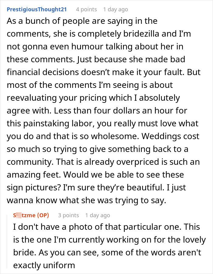 Text comments discussing a bridezilla's refund request and vendor pricing after a wedding.