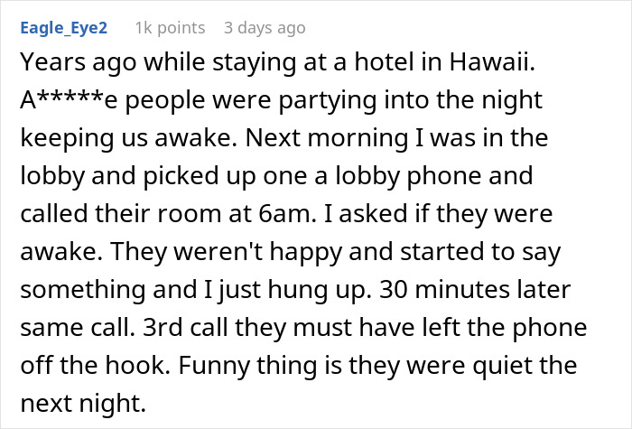 Text post about hotel room neighbors woken up after a night of partying.