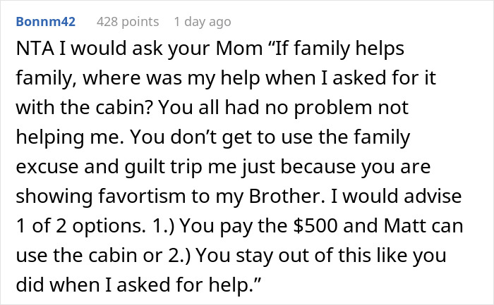 User comment discussing fairness and family obligations about the family cabin. User comment discussing fairness and family obligations about the family cabin.