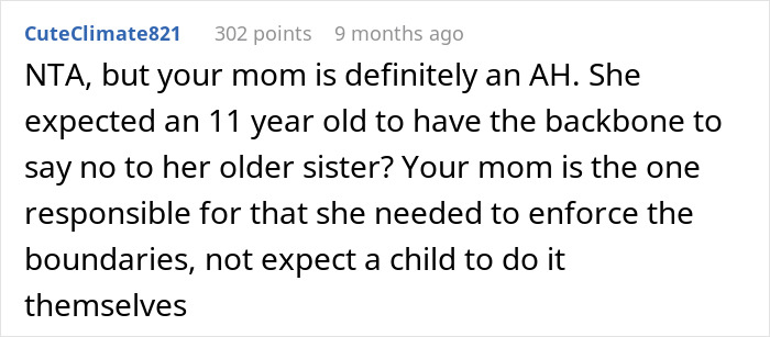 Comment discussing a teen prioritizing her future over babysitting, supporting her stance amidst family expectations.