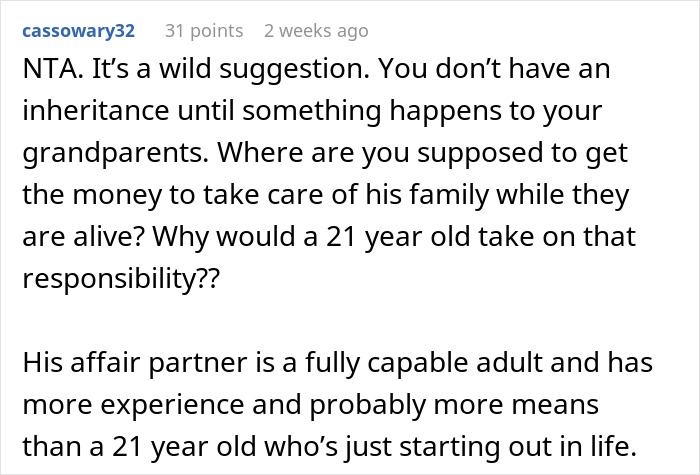 Online discussion about caring for an affair family after father's death.