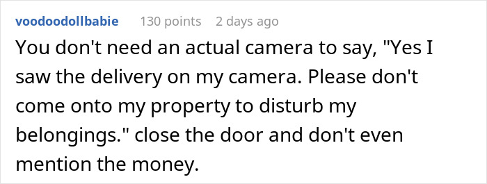 Text message about neighbor questioning delivery verification without a camera, mentioning loans and privacy concerns.