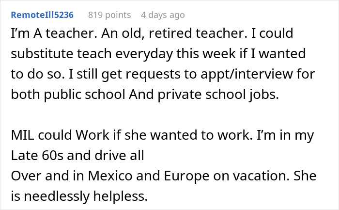 Text post discussing a retired teacher's experiences and opinions about a MIL's work ethic. Text post discussing a retired teacher's experiences and opinions about a MIL's work ethic.