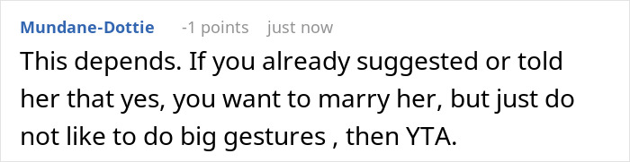 Reddit comment about marriage proposals and big gestures, discussing relationship expectations.