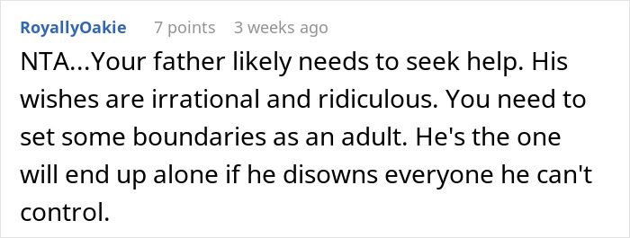 Comment discussing controlling father needing help, emphasizes setting boundaries and consequences of disowning family.