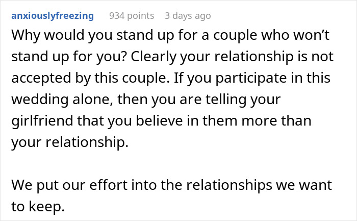 Text advice for gay woman about her relationship not being accepted at a wedding. Text advice for gay woman about her relationship not being accepted at a wedding.