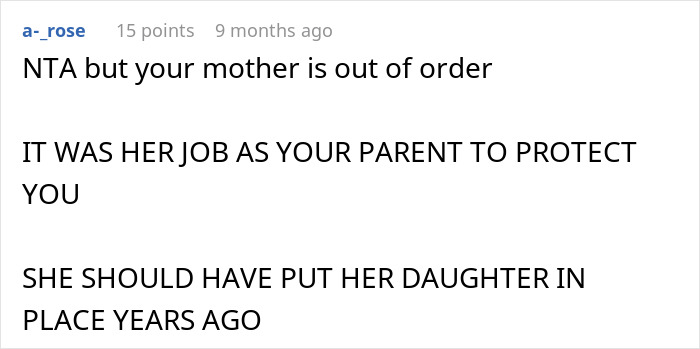 Reddit comment discussing family dynamics and prioritizing future over babysitting.
