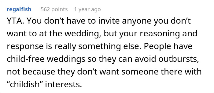 Text comment discussing child-free wedding and its implications on excluding individuals. Text comment discussing child-free wedding and its implications on excluding individuals.