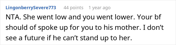 Reddit comment discussing a boyfriend's mom, mentioning relationship dynamics and conflict during dinner. Reddit comment discussing a boyfriend's mom, mentioning relationship dynamics and conflict during dinner.