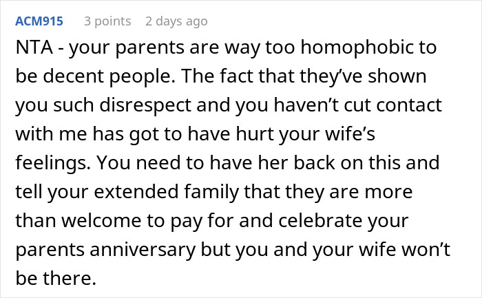 Comment discussing parental disrespect towards daughter's wife. Comment discussing parental disrespect towards daughter's wife.