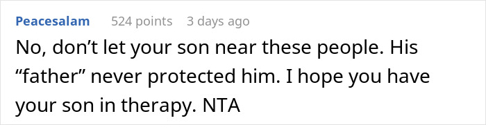 Comment discussing family BBQ conflict with stepsiblings, advising son to stay away and seek therapy.