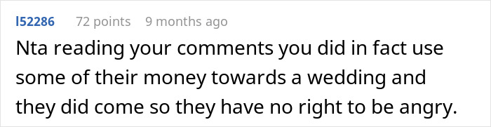 Comment on eloping after accepting wedding money, stating no right to be angry. Comment on eloping after accepting wedding money, stating no right to be angry.