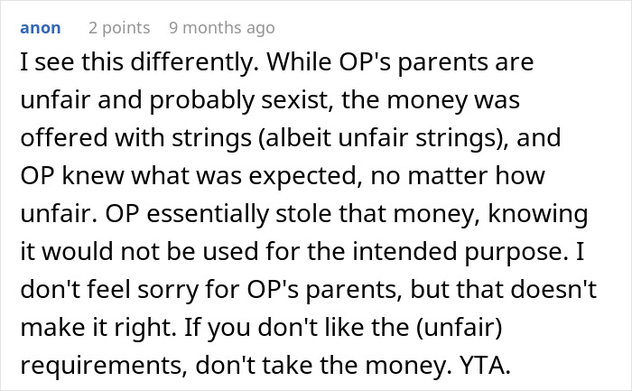 Reddit comment discussing wedding money, fairness, and eloping. Reddit comment discussing wedding money, fairness, and eloping.