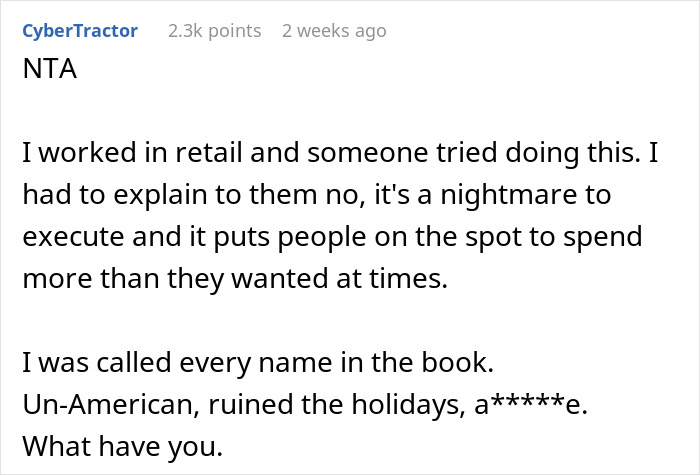 Reddit comment about refusing a "pay it forward" chain, detailing a retail experience.