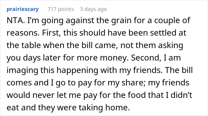 Reddit comment discussing a situation where a woman didn't pay for a friend's takeaway meal. Reddit comment discussing a situation where a woman didn't pay for a friend's takeaway meal.