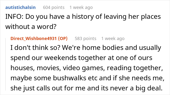 Reddit comment exchange about a man's habit of sneaking out discreetly for 30 minutes without alerting his girlfriend.