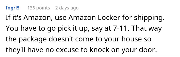 Comment suggesting Amazon Locker to avoid neighbors asking for loans.