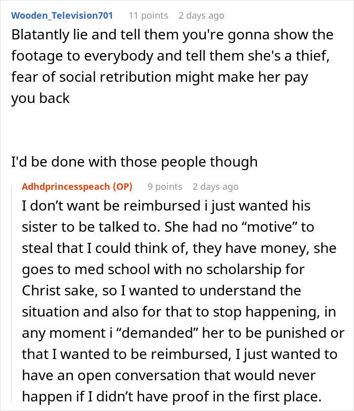 Reddit discussion about setting up a camera for evidence of theft by boyfriend&rsquo;s sister.