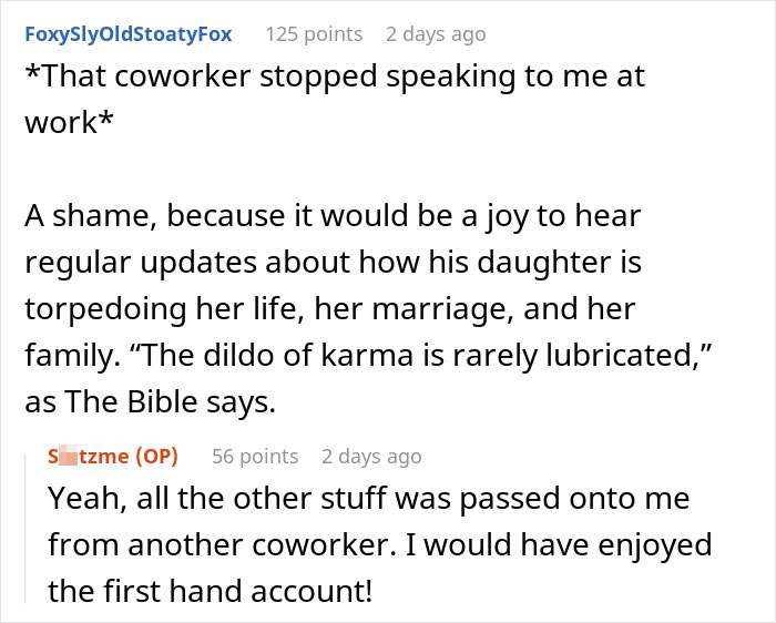 Reddit comments discussing a coworker's daughter's failed marriage, related to bridezilla refund attempt.