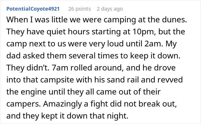 Text post about noisy neighbors disturbing a camping experience with loud partying at night.