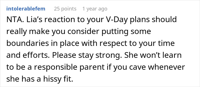 Comment discussing boundaries for a grandma assuming she&rsquo;ll babysit on Valentine's Day.