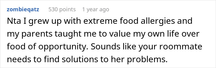 A comment about food allergies, emphasizing the importance of prioritizing health and critiquing the roommate's approach.