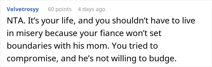 Reddit comment discussing boundaries with a mother-in-law, advising to avoid living in misery. Reddit comment discussing boundaries with a mother-in-law, advising to avoid living in misery.